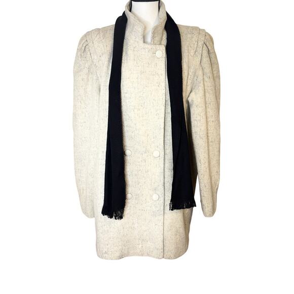 Vintage Mariel Wool Blend Coat 12 Ivory 80s Puff Sleeve Double Breasted USA Made - Picture 1 of 14